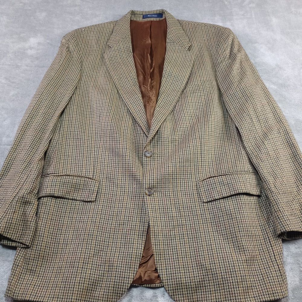 Vintage Chaps Ralph Lauren 46T Brown Tweed‎ Houndstooth Wool Silk Blazer Jacket